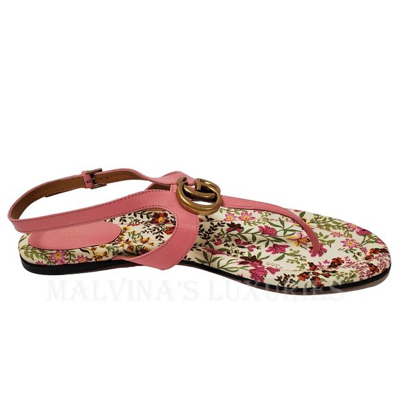 GUCCI SHOES DOUBLE G MARMONT LOGO LEATHER THONG FLORAL SOLE SANDAL sz 40 10 - Picture 8 of 16